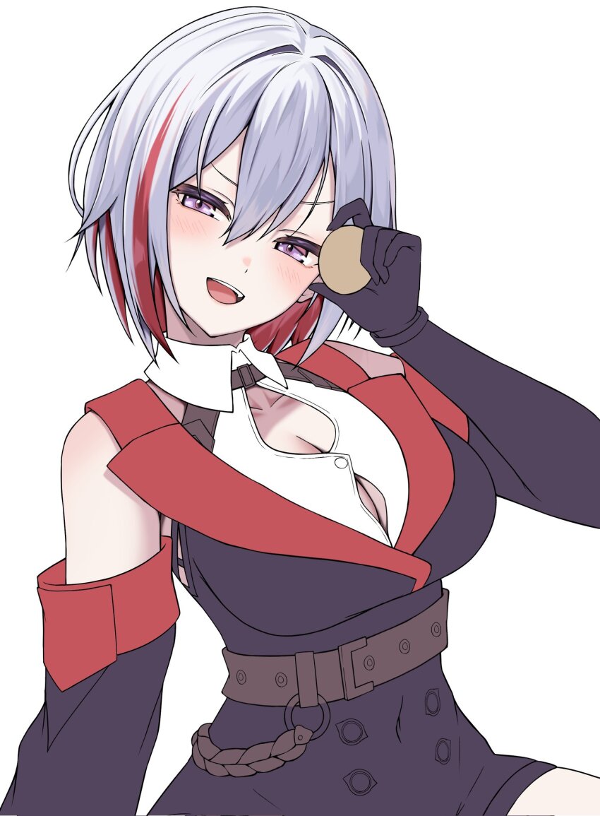 1girl bare_shoulders belt black_gloves breasts cleavage coin colored_inner_hair cowboy_shot detached_sleeves gloves grey_hair hair_between_eyes highres holding holding_coin honkai:_star_rail honkai_(series) kushinaka large_breasts looking_at_viewer multicolored_hair open_mouth red_hair shirt short_hair simple_background smile solo streaked_hair topaz_(honkai:_star_rail) unitard white_background white_shirt