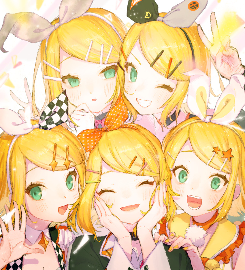 25-ji_nightcord_de._(project_sekai) 25-ji_rin 5girls black_jacket blonde_hair blush bow checkered_clothes cheek-to-cheek choker confetti detached_collar facing_viewer frills green_eyes grin hair_bow hair_ornament hairband hairclip hand_on_another&#039;s_shoulder hand_up hands_on_own_cheeks hands_on_own_face happy heads_together highres jacket jewelry kagamine_rin leo/need_(project_sekai) leo/need_rin long_sleeves more_more_jump!_(project_sekai) more_more_jump!_rin motion_blur multiple_girls multiple_persona nail_polish one_eye_closed open_mouth orange_bow orange_nails parted_lips pendant pogpa47985618 polka_dot polka_dot_bow pom_pom_(clothes) project_sekai short_hair smile star_(symbol) star_hair_ornament swept_bangs two-tone_bow v vivid_bad_squad_(project_sekai) vivid_bad_squad_rin vocaloid waving white_background white_bow wonderlands_x_showtime_(project_sekai) wonderlands_x_showtime_rin