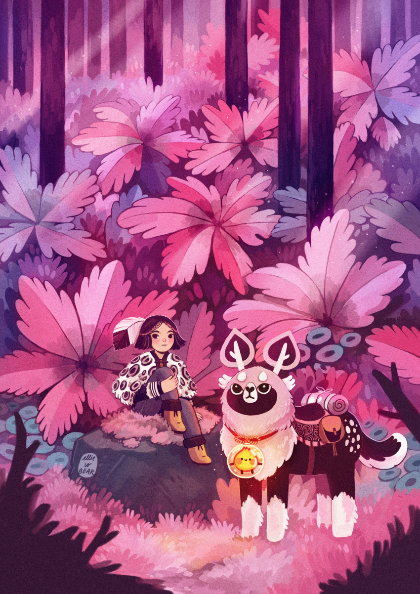 1girl animal artist_name bag black_hair boots bush commentary creature ellievsbear english_commentary feathers fern forest grass highres knee_up leaf nature original outdoors pants pink_theme plant saddle scenery shoes short_hair signature sitting tree wide_shot
