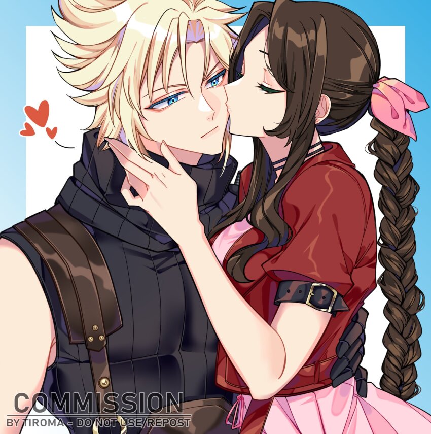 1boy 1girl aerith_gainsborough aqua_eyes arm_around_waist armor armored_gloves artist_name black_gloves blue_border border braid braided_ponytail closed_eyes cloud_strife commission couple cropped_jacket dress final_fantasy final_fantasy_vii final_fantasy_vii_remake gloves hair_between_eyes hair_ribbon hand_in_another&#039;s_hair hetero highres jacket kiss kissing_cheek long_hair parted_bangs pauldrons pink_dress pink_ribbon red_jacket ribbon short_hair shoulder_armor sidelocks single_bare_shoulder single_braid single_pauldron sleeveless sleeveless_turtleneck spiked_hair suspenders tiroma turtleneck upper_body white_background