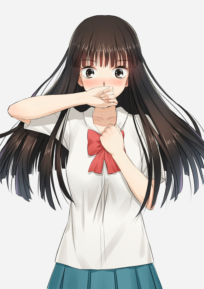 1girl anarchojs black_hair blue_skirt blunt_bangs blush bow bowtie brown_eyes female_focus floating_hair grey_background highres hime_cut kimi_ni_todoke kuronuma_sawako long_hair pleated_skirt red_bow red_bowtie shirt short_sleeves simple_background skirt solo standing very_long_hair white_shirt