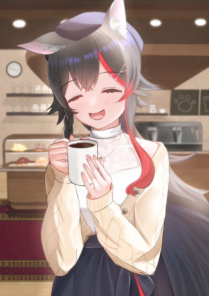 1girl absurdres analog_clock animal_ear_fluff animal_ears black_hair black_skirt blurry blurry_background blush braid cafe ceiling ceiling_light clock closed_eyes coffee coffee_mug cowboy_shot cup domodfg drinking_glass facing_viewer food hair_ornament hands_up happy hashtag-only_commentary hat highres holding holding_cup hololive indoors jacket long_hair mug multicolored_hair ookami_mio ookami_mio_(street) open_clothes open_jacket open_mouth pastry pink_nails sidelocks skirt smile solo standing straight-on streaked_hair virtual_youtuber wine_glass wolf_ears wolf_girl x_hair_ornament