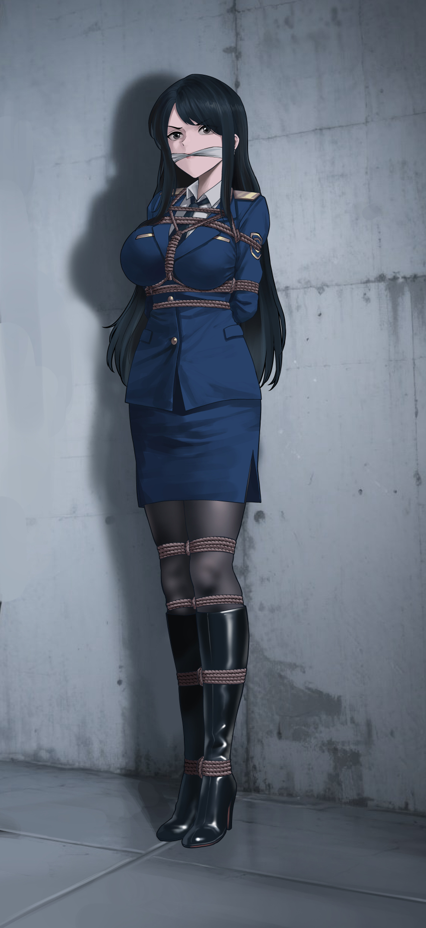 1girl absurdres ado_(eknv3255) bdsm black_hair black_pantyhose blue_suit bondage boots bound breasts cleave_gag cloth_gag execution formal_clothes full_body gag gagged highres improvised_gag long_hair original pantyhose pencil_skirt peril shibari skirt solo suit