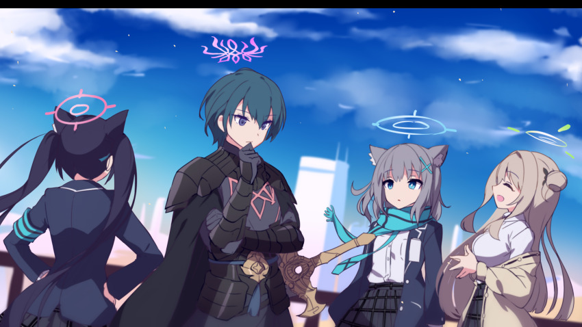 1boy 3girls animal_ear_fluff animal_ears armor black_armor black_hair blonde_hair blue_archive blue_halo blue_jacket blue_scarf blue_sky cape cat_ears closed_eyes commentary_request crest_of_flames crossover extra_ears fire_emblem fire_emblem:_three_houses foreclosure_task_force_(blue_archive) green_halo grey_hair halo highres jacket long_hair looking_afar male_byleth_(fire_emblem) mild_(trmsasasa) mismatched_pupils multiple_girls nintendo nonomi_(blue_archive) open_mouth pink_halo purple_eyes purple_halo scarf school_uniform serika_(blue_archive) shiroko_(blue_archive) sky smile sword sword_of_the_creator vambraces weapon wolf_ears yellow_jacket