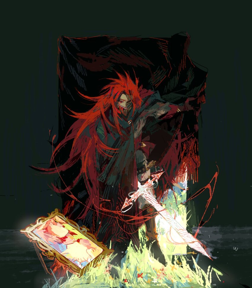 1boy black_cloak boots brown_boots brown_gloves cloak commentary_request dita_iliner eigha_iliner full_body gloves godzylla_(saibou_shinkyoku) grey_shirt highres holding holding_sword holding_weapon korean_commentary long_hair long_sleeves male_focus mask mouth_mask painting_(object) parted_bangs red_eyes red_hair saibou_shinkyoku shirt solo sword very_long_hair weapon zinc_30_2
