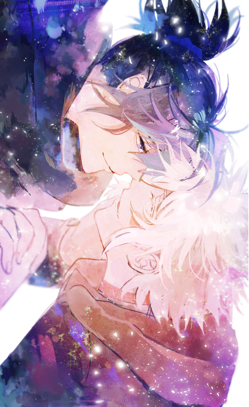 2boys black_hair black_jacket blue_eyes brown_jacket closed_eyes closed_mouth colored_eyelashes eyelashes facing_another floating_hair hair_between_eyes half-closed_eyes hand_on_another&#039;s_cheek hand_on_another&#039;s_face happy highres hood hooded_jacket interlocked_fingers jacket long_sleeves looking_at_another lower_teeth_only male_focus medium_hair multiple_boys nezumi_(no.6) no.6 noses_touching open_mouth ponytail ryousuke_(tukr5384) scarf shion_(no.6) short_hair short_ponytail sideways simple_background smile teeth upper_body white_background yaoi