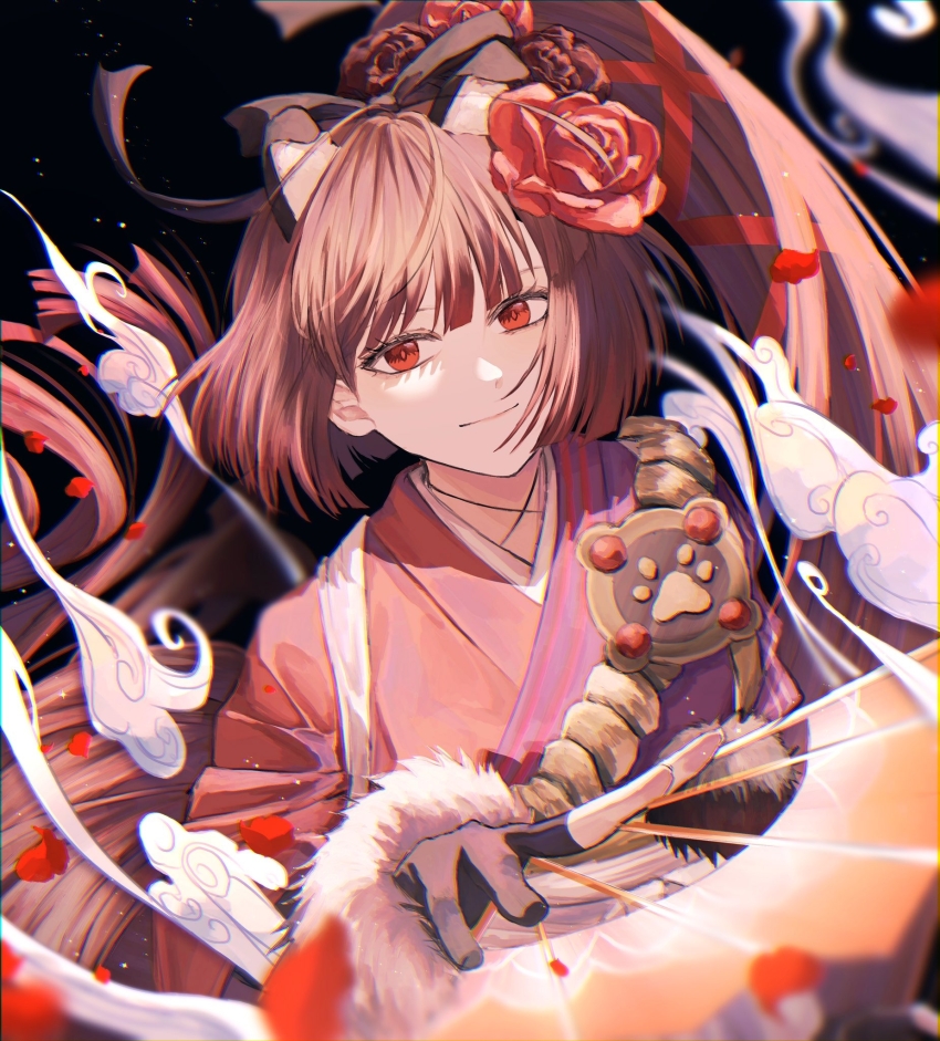 1girl animal_ear_fluff animal_ears black_background black_gloves brown_hair commentary_request fate/grand_order fate_(series) flower folding_fan gloves hair_flower hair_ornament hand_fan highres japanese_clothes kimono kyokutei_bakin_(fate) long_hair looking_at_viewer partially_fingerless_gloves paw_print poshi00 red_flower red_kimono rope solo upper_body very_long_hair wind