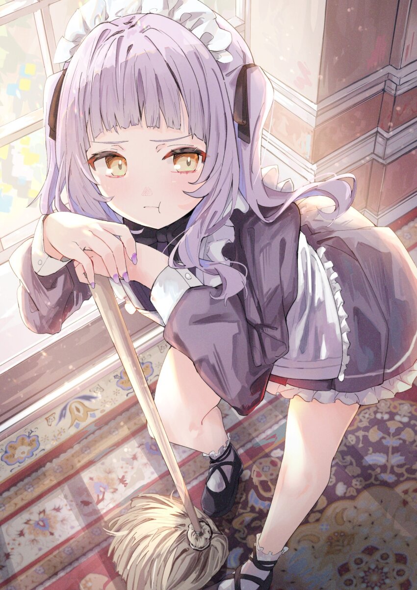 1girl :t alternate_costume arched_bangs black_footwear black_ribbon bow bowtie commentary cross-laced_footwear dress enmaided facing_viewer fingernails foreshortening frilled_dress frills from_above hair_ribbon highres holding holding_mop hololive indoors leaning_forward leaning_on_object light_blush long_hair looking_to_the_side maid maid_headdress mop murasaki_shion nail_polish own_hands_together pleated_dress pout purple_bow purple_bowtie purple_dress purple_hair purple_nails ribbon shadow shin_murasame sidelocks sideways_glance socks solo sunlight thighs twintails virtual_youtuber white_socks window yellow_eyes