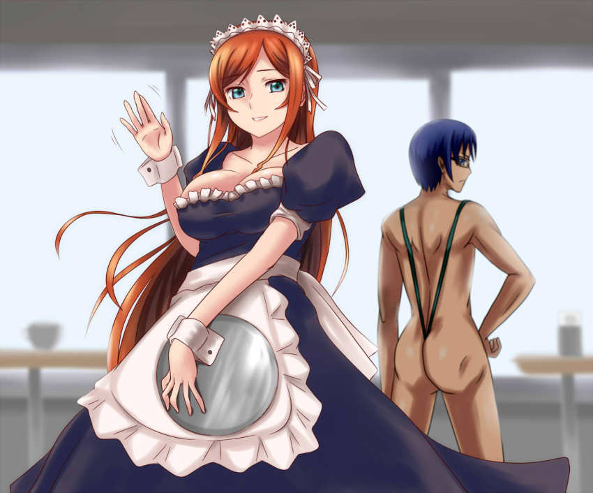 10s 1boy 1girl apron aqua_eyes ass blue_eyes blue_hair breasts cleavage glasses green_eyes gundam gundam_build_fighters gundam_build_fighters_try hand_on_own_hip highres kamiki_mirai kousaka_yuuma long_hair looking_back maid maid_apron maid_headdress puffy_short_sleeves puffy_sleeves red_hair ryuusama short_hair short_sleeves slingshot_swimsuit smile swimsuit tray waving wrist_cuffs