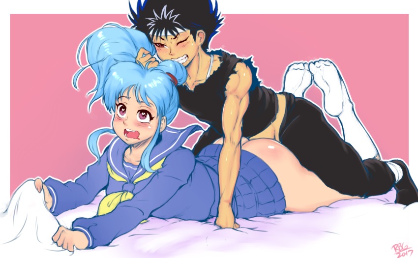 1990s_(style) 1boy 1girl 2017 :3 absurdres ahegao artist_name ass bare_legs barefoot bed black_hair blue_hair blush botan_(yu_yu_hakusho) breasts butt_crack clenched_teeth clothed_sex dated doggystyle happy_sex heart heart-shaped_pupils height_difference hetero hiei highres huge_ass lying medium_breasts moaning no_panties on_stomach open_mouth penis ponytail prone_bone randomboobguy retro_artstyle saliva school_uniform sex sex_from_behind shiny_skin skirt smile spiked_hair sweat symbol-shaped_pupils teeth uncensored yuu_yuu_hakusho