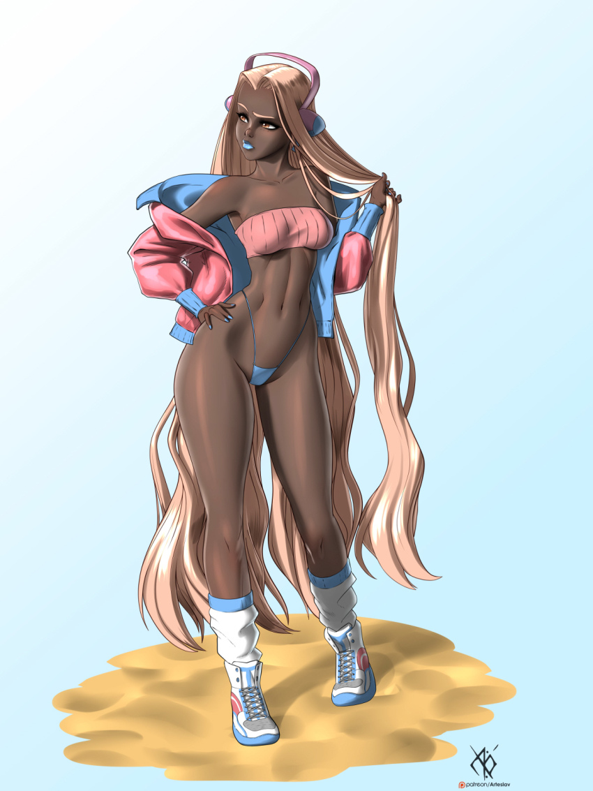 1girl arteslav artist_name athma_(arteslav) blonde_hair breasts brown_eyes closed_mouth collarbone commentary dark-skinned_female dark_skin fingernails full_body gradient_background hand_on_own_hip hand_up headphones highleg highleg_panties highres jacket lips lipstick long_hair long_sleeves makeup medium_breasts nail_polish navel off_shoulder open_clothes open_jacket original panties shiny_skin shoes signature simple_background sneakers socks standing stomach strapless swimsuit thighs tube_top underwear
