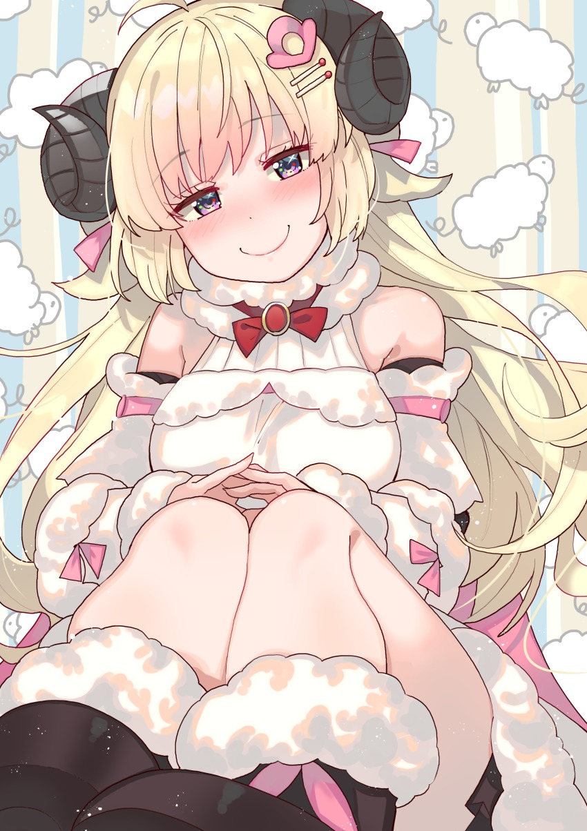1girl absurdres blonde_hair blush breasts commentary_request detached_sleeves female_focus hair_ornament hairclip highres hololive horns looking_at_viewer purple_eyes sheep sheep_horns sitting smile solo tonarikeru tsunomaki_watame tsunomaki_watame_(1st_costume) virtual_youtuber wool