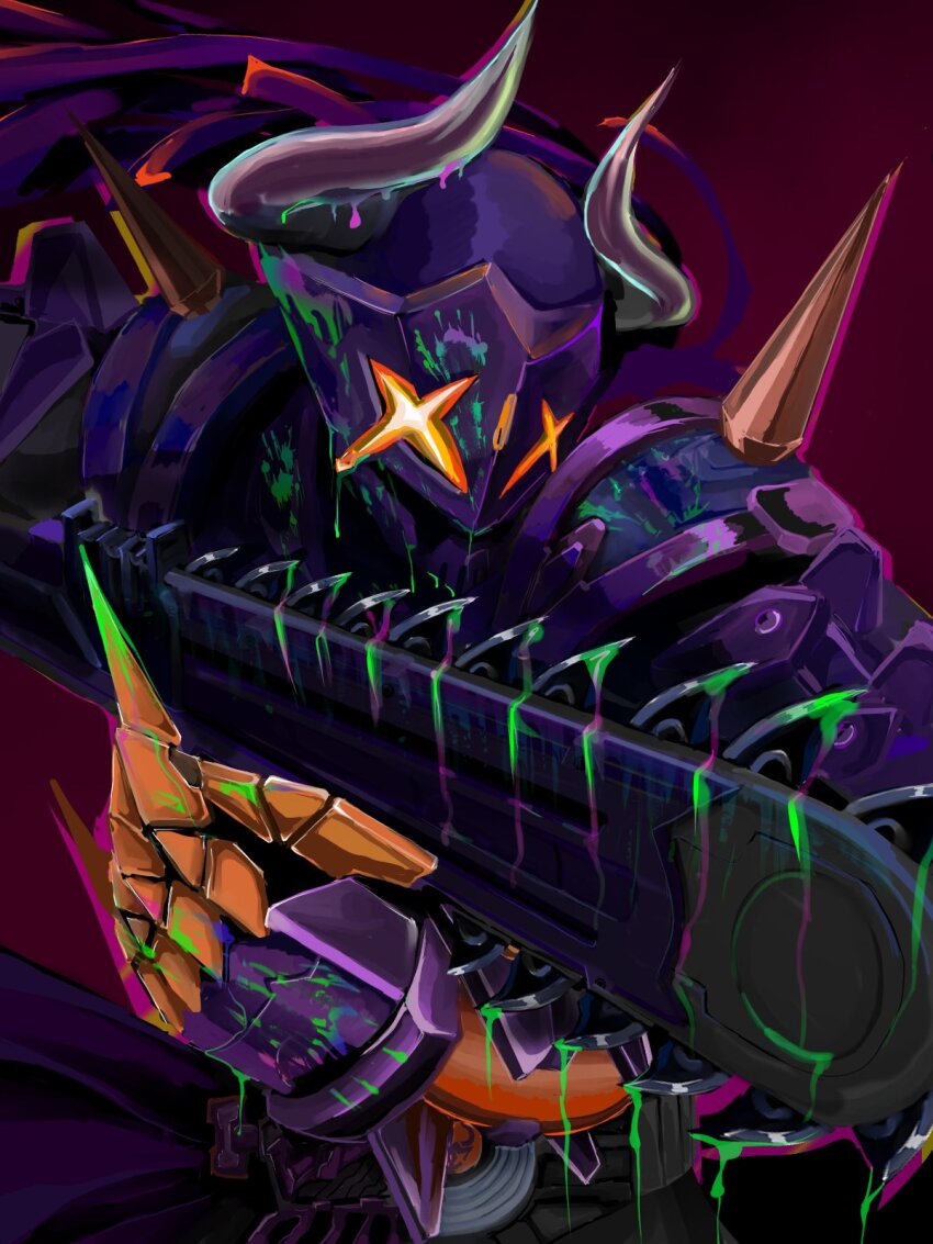 +_+ 1boy black_bodysuit blood blood_on_face bloody_weapon bodysuit buffalo bull chainsaw claw_(weapon) commentary_request cowboy_shot desire_driver donguri_kaijin gloves green_blood highres holding holding_sword holding_weapon horns kamen_rider kamen_rider_buffa kamen_rider_geats_(series) logo long_hair looking_at_viewer male_focus purple_hair red_background scarf shoulder_spikes spikes splatter sword upper_body weapon zombie