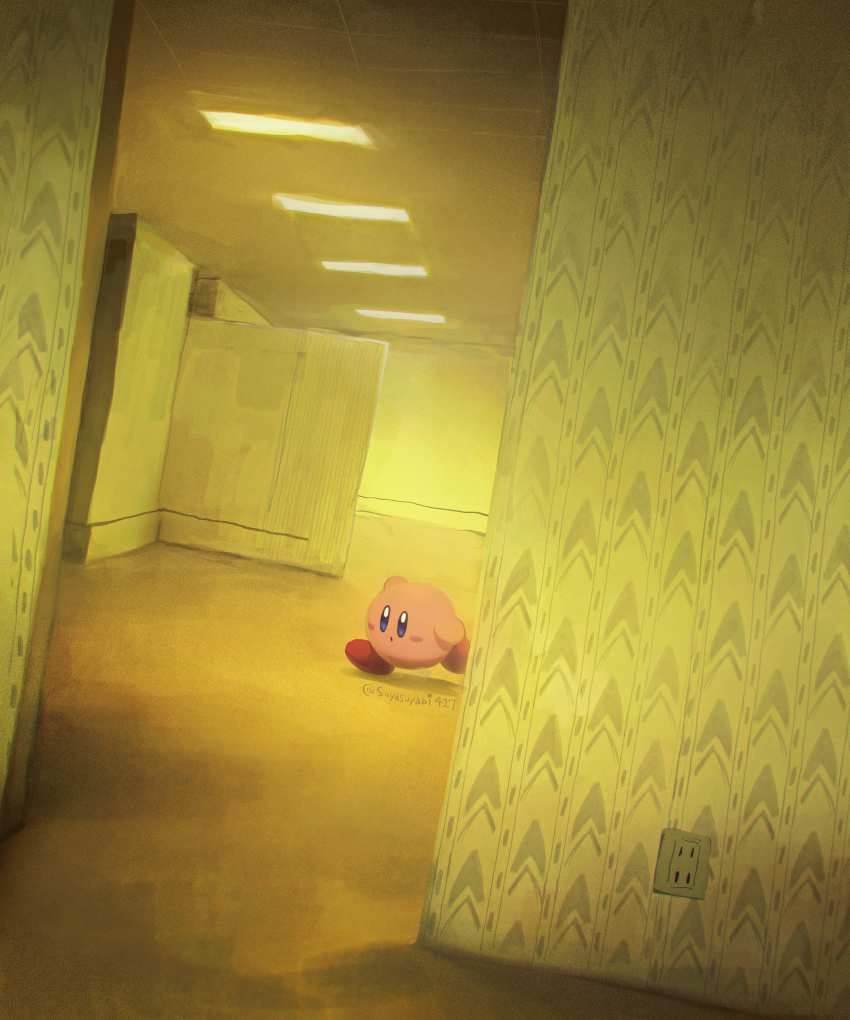 :o absurdres artist_name backrooms_(creepypasta) blue_eyes blush blush_stickers ceiling ceiling_light closed_mouth electrical_outlet fluorescent_lamp highres indoors kirby kirby_(series) liminal_space nintendo no_humans running solo suyasuyabi tile_ceiling tiles twitter_username wallpaper_(object)