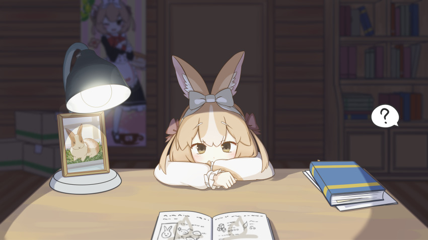 1girl ? animal_ear_fluff animal_ears arm_support blonde_hair blurry blurry_background book bookshelf bow chinese_commentary commentary_request desk domestic_rabbit_(kemono_friends) frilled_sleeves frills hair_bow hairband highres indoors kemono_friends kemono_friends_3 long_sleeves looking_at_viewer multicolored_hair onefiresticks open_book photo_(object) picture_frame rabbit_ears red_bow shirt short_twintails sitting solo spoken_question_mark streaked_hair twintails two_side_up white_bow white_hair white_hairband white_shirt yellow_eyes