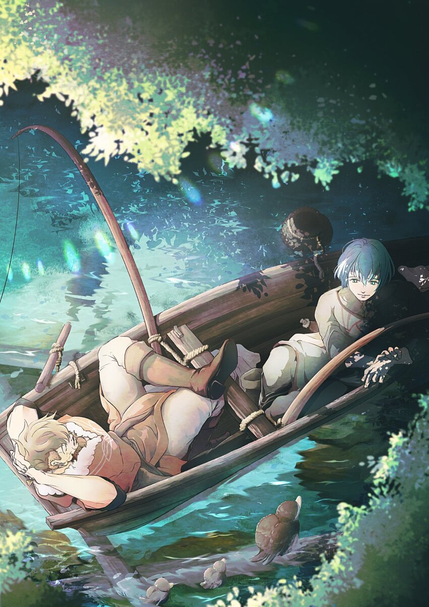 2boys animal arms_behind_head arms_up beard belt bird blonde_hair boat boots brown_belt brown_footwear male_byleth_(fire_emblem) closed_eyes closed_mouth commentary_request dappled_sunlight facial_hair father_and_son fire_emblem fire_emblem:_three_houses fishing fishing_line fishing_rod fur-trimmed_robe fur_trim green_eyes green_hair highres jeralt_reus_eisner leaf long_sleeves looking_at_animal lying male_focus mature_male multiple_boys nintendo on_back orange_robe outdoors pants plant robe rope sleeping sunlight tree un_faro water watercraft white_fur white_pants