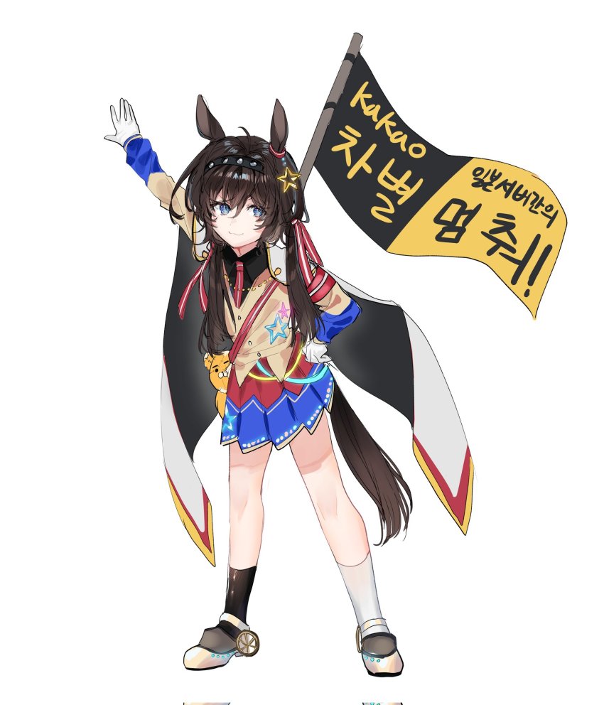 1girl 414_(hncx3355) ahoge animal_ears arm_up armband asymmetrical_legwear black_hairband black_socks blue_eyes brown_hair cape clasp commentary_request ear_ornament flag gloves grace_(kor)_(racehorse) hair_ribbon hairband hand_on_own_hip highres holding holding_flag horse_ears horse_girl horse_tail korean_commentary korean_text long_hair long_sleeves looking_at_viewer meme miniskirt mismatched_legwear necktie original personification protest red_necktie red_ribbon ribbon satire sidelocks skirt smug socks solo star_ornament striped_ribbon stuffed_animal stuffed_toy tail teddy_bear translation_request tress_ribbon two-tone_ribbon umamusume white_cape white_gloves white_ribbon white_socks