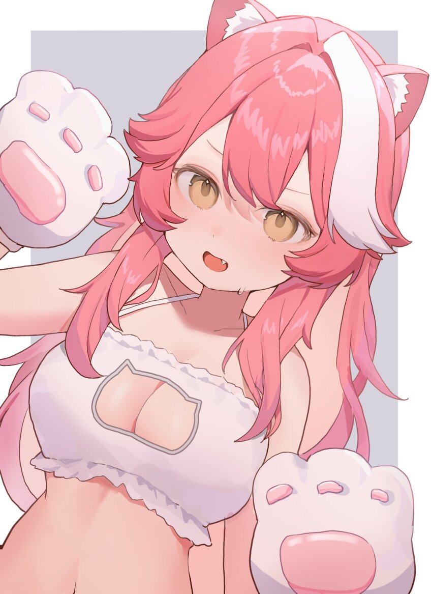 1girl animal_ears animal_hands blush bra breasts cat_cutout cat_lingerie cat_paws cleavage clothing_cutout collarbone commentary english_commentary fang gloves grey_background hair_intakes highres hololive hololive_english large_breasts long_hair looking_at_viewer meme_attire multicolored_hair navel open_mouth panther_ears panther_girl paw_gloves pink_hair raora_panthera smile solo streaked_hair sweat szuukie two-tone_hair underwear virtual_youtuber white_background white_bra white_gloves white_hair yellow_eyes