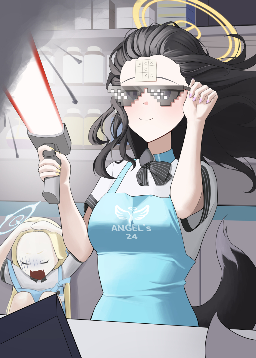 2girls adjusting_eyewear alternate_costume angel&#039;s_24_uniform_(blue_archive) apron barcode_scanner beam_rifle black_hair blonde_hair blue_apron blue_archive breasts closed_mouth convenience_store deal_with_it_(meme) dog_girl dog_tail energy_gun floating_hair forehead halo hands_on_own_head hands_up hibiki_(blue_archive) highres holding holding_barcode_scanner laser_rifle medium_breasts meme multiple_girls nickname25 open_mouth purple_eyes shirt shop short_sleeves smile sora_(blue_archive) sticky_note sunglasses tail tic-tac-toe weapon white_shirt yellow_halo