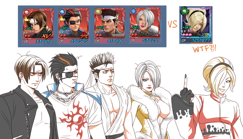 1girl 4boys anger_vein annoyed ash_crimson breasts cleavage constricted_pupils defeat hair_over_one_eye highres hwoarang_(tekken) isabella_valentine kusanagi_kyou large_breasts middle_finger multiple_boys namco sega smile snk soul_calibur soulcalibur soulcalibur_v tekken tekken_7 the_king_of_fighters_all-stars virtua_fighter yuki_akira