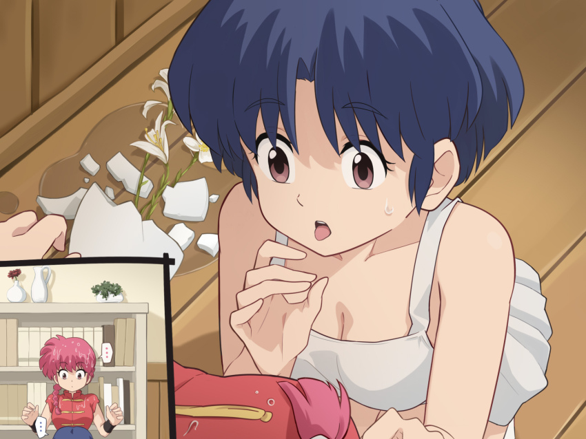 ... 2girls blue_hair bookshelf braid braided_ponytail breasts broken_vase chinese_clothes cleavage commentary dress fellatio_gesture flower highres implied_transformation indoors laofuzi_dai_bansho looking_at_another medium_breasts multiple_girls open_mouth pink_hair ranma-chan ranma_1/2 red_eyes revision single_braid sundress sweatdrop tangzhuang tendou_akane tongue tongue_out vase water wet wet_hair white_dress white_flower wooden_floor