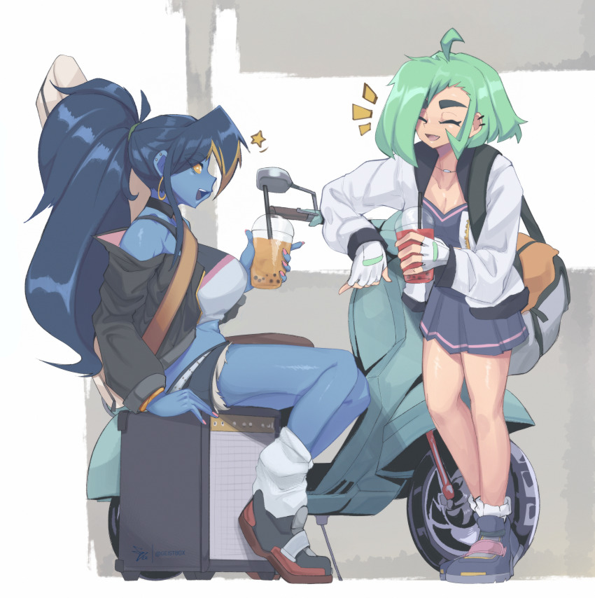 2girls absurdres blue_hair blue_skin breasts bubble_tea closed_eyes colored_sclera colored_skin ear_piercing earrings fingerless_gloves full_body geistbox gloves green_hair highres jacket jewelry large_breasts leg_warmers medium_breasts motor_vehicle motorcycle multiple_girls open_mouth original pandy_(geistbox) piercing shoes sitting skirt smile sneakers vio_(geistbox) yellow_eyes yellow_sclera
