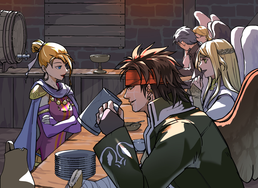2girls 3boys barrel beer_mug blonde_hair blue_eyes calill_(fire_emblem) cup earrings fire_emblem fire_emblem:_radiant_dawn gloves highres holding holding_cup hoop_earrings jewelry leanne_(fire_emblem) lipstick makeup mug multiple_boys multiple_girls naesala_(fire_emblem) nintendo rafiel_(fire_emblem) tibarn_(fire_emblem) to6tama