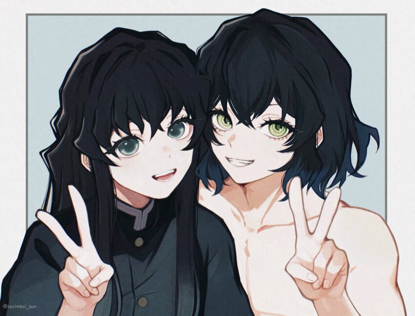2boys aqua_background aqua_eyes aqua_hair black_hair black_jacket blue_hair border buttons collarbone fingernails gold_buttons green_eyes grin hair_between_eyes hand_up hashibira_inosuke highres jacket kimetsu_no_yaiba long_hair long_sidelocks looking_at_viewer male_focus multicolored_hair multiple_boys short_hair sidelocks simple_background smile susimesi_sun tokitou_muichirou toned toned_male tongue topless_male twitter_username two-tone_hair upper_body very_long_hair white_background white_border