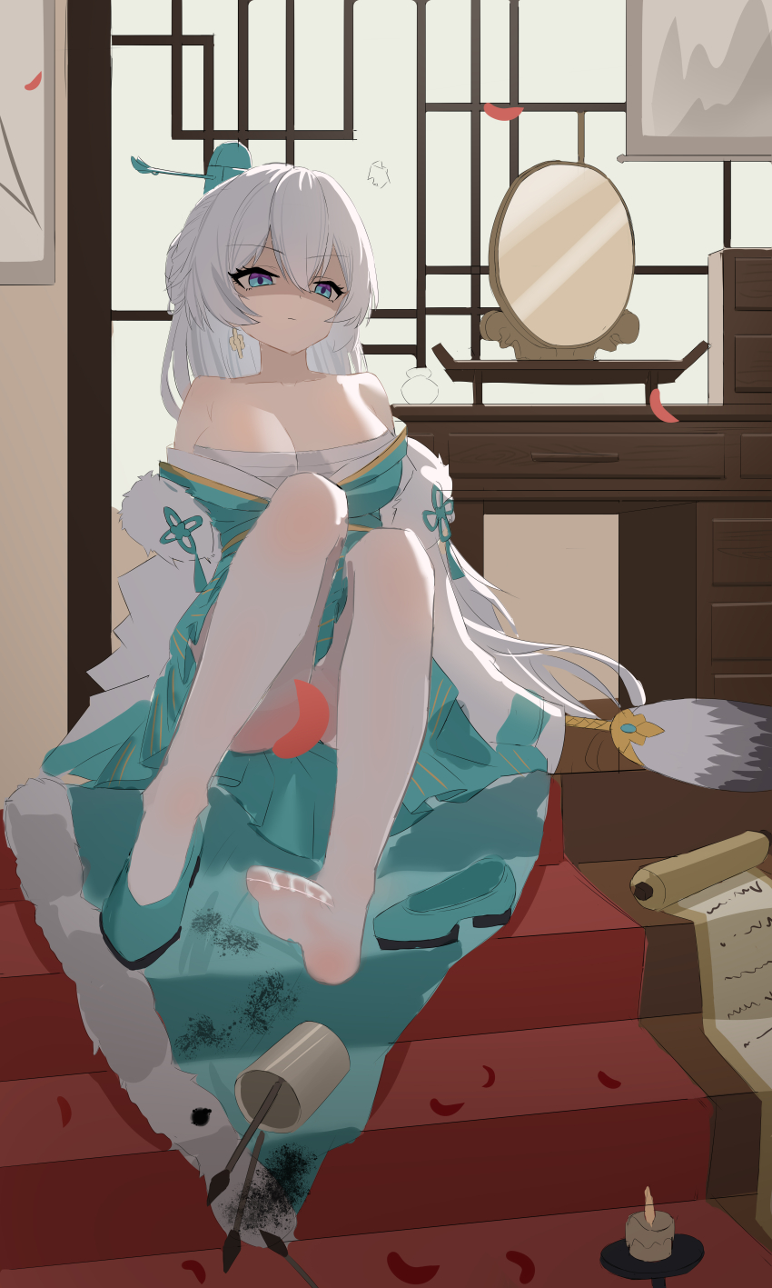 1girl absurdres alternate_breast_size breasts candle chest_sarashi cleavage commentary_request desk evil_king falling_petals green_kimono green_shoes hand_fan highres holding holding_fan honkai_(series) honkai_impact_3rd incredibly_absurdres japanese_clothes kimono large_breasts mirror pantyhose petals sarashi shoes shouji single_shoe sitting sitting_on_stairs sliding_doors soles solo stairs theresa_apocalypse toes white_pantyhose zhuge_kongming_(honkai_impact)