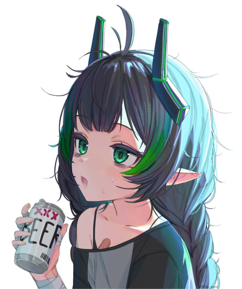 1girl ahoge alcohol bags_under_eyes bandaid beer beer_can black_hair bra_strap braid can drink_can elfinpsyop green_eyes green_hair highres indie_virtual_youtuber long_hair multicolored_hair open_mouth pointy_ears riku_pam shirt twin_braids virtual_youtuber white_background