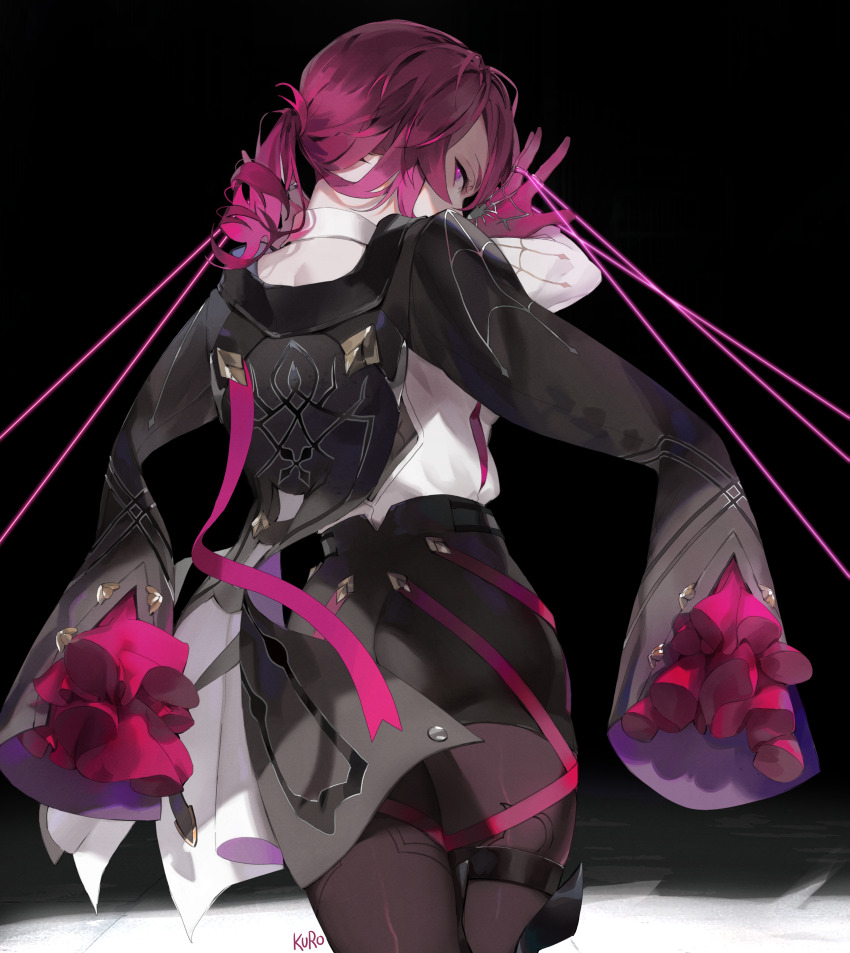 1girl absurdres artist_name ass black_background black_jacket black_pantyhose black_shorts cowboy_shot crossed_legs frilled_sleeves frills from_behind gloves high-waist_shorts highres honkai:_star_rail honkai_(series) jacket kafka_(honkai:_star_rail) kamui_(kurohshiro1) looking_at_viewer looking_back medium_hair pantyhose pantyhose_under_shorts ponytail purple_eyes purple_gloves purple_hair shirt shorts solo spider_web_print standing thread white_shirt