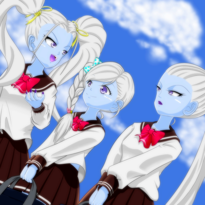 3girls :d alternate_costume bad_anatomy bag blue_skin bow braid brown_skirt colored_skin commentary_request cus dragon_ball dragon_ball_super female_focus grey_hair hair_over_shoulder hair_ribbon high_ponytail highres holding holding_bag long_hair marcarita_(dragon_ball) minminnanagon multiple_girls nail_polish open_mouth pleated_skirt ponytail purple_eyes purple_lips purple_nails red_bow ribbon school_uniform serafuku shirt siblings single_braid sisters skirt smile twintails vados_(dragon_ball) very_long_hair white_hair white_shirt yellow_ribbon