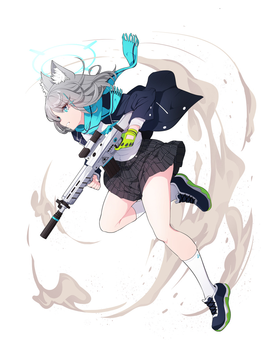 1girl absurdres animal_ear_fluff animal_ears assault_rifle black_shoes black_skirt blue_archive blue_eyes blue_halo blue_scarf commentary_request cross cross_hair_ornament dust full_body gloves green_gloves grey_hair gun hair_ornament halo highres holding holding_gun holding_weapon inverted_cross jacket koflif leg_up long_sleeves medium_hair miniskirt mismatched_pupils open_clothes open_jacket plaid_clothes plaid_skirt rifle scarf shiroko_(blue_archive) shirt shoes sig_sauer sig_sauer_556 simple_background single_glove skirt sneakers socks solo weapon white_background white_shirt white_socks wolf_ears