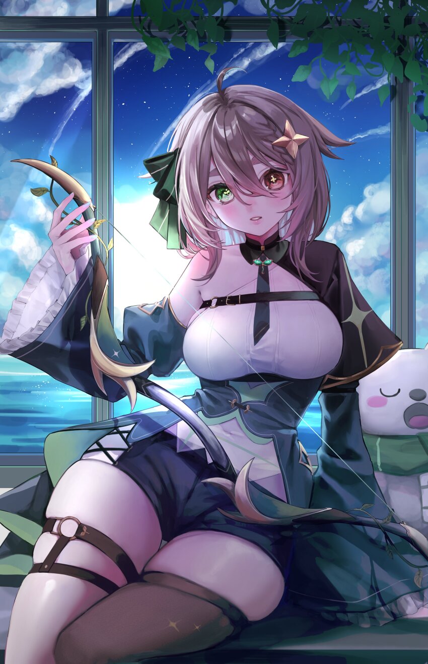 1girl absurdres ahoge backlighting black_capelet black_shorts black_thighhighs blush bow bow_(weapon) bowtie braid breasts brown_eyes brown_hair capelet chest_belt cloud cloudy_sky collar covered_navel cross-laced_clothes cross-laced_shorts cross-shaped_pupils detached_sleeves dress frilled_sleeves frills green_bow green_bowtie green_collar green_dress green_eyes hair_between_eyes hair_bow hair_flaps half_capelet heterochromia highres indie_virtual_youtuber juliet_sleeves large_breasts long_sleeves looking_at_viewer medium_hair meica_(vtuber) meica_(vtuber)_(1st_costume) mismatched_pupils night night_sky o-ring o-ring_thigh_strap ocean parted_lips pendant_choker phzimi000 plant puffy_sleeves see-through_clothes see-through_shirt shirt shorts single-shoulder_shirt single_bare_shoulder single_braid single_thighhigh sitting skindentation sky sleeves_past_wrists sparkle_print sprout-shaped_pupils sprout_pendant star_(sky) starry_sky stuffed_animal stuffed_toy swept_bangs symbol-shaped_pupils thigh_strap thighhighs thighs underbust vines virtual_youtuber weapon white_shirt wide_hips window