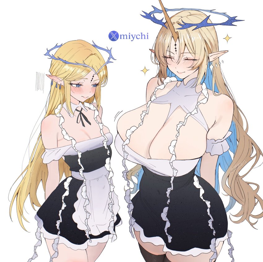 2girls apron arms_behind_back black_thighhighs blonde_hair blue_eyes blush breast_envy breasts cartethyia_(wuthering_waves) cleavage closed_eyes closed_mouth commentary crown_of_thorns detached_collar dress earrings english_commentary fleurdelys_(wuthering_waves) highres horns jewelry large_breasts long_hair maid maid_apron medium_breasts miychi multiple_girls pointy_ears simple_background single_horn tacet_mark_(wuthering_waves) thighhighs white_background wuthering_waves yellow_horns