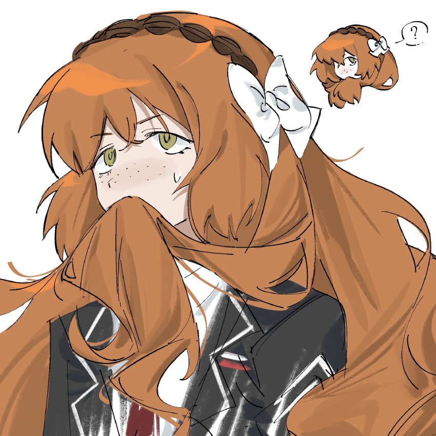 1girl black_jacket bow brown_hairband chibi chibi_inset collared_shirt freckles green_eyes hair_bow hairband highres humian0101 ishmael_(project_moon) jacket limbus_company long_hair multiple_views necktie orange_hair project_moon red_necktie rope shirt sidelocks simple_background sweat very_long_hair white_background white_bow white_shirt wing_collar
