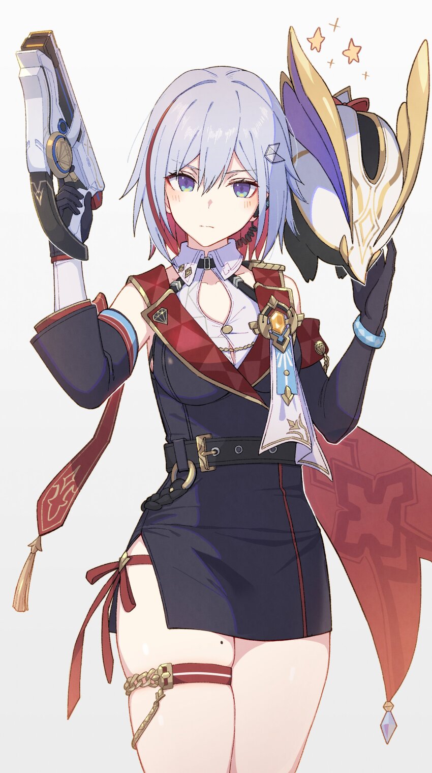 1girl absurdres asymmetrical_gloves bare_shoulders belt black_belt black_gloves black_unitard blue_eyes blush breasts cleavage colored_inner_hair gloves grey_hair gun hair_between_eyes hair_ornament highres holding holding_gun holding_weapon honkai:_star_rail honkai_(series) large_breasts looking_at_viewer miniskirt mole mole_on_thigh multicolored_hair numby_(honkai:_star_rail) red_hair shirt short_hair simple_background skirt solo streaked_hair thigh_focus thigh_strap thighs topaz_(honkai:_star_rail) trotter_(honkai:_star_rail) uneven_gloves unitard weapon white_background white_hair yumegiwa_(skgl_thx)