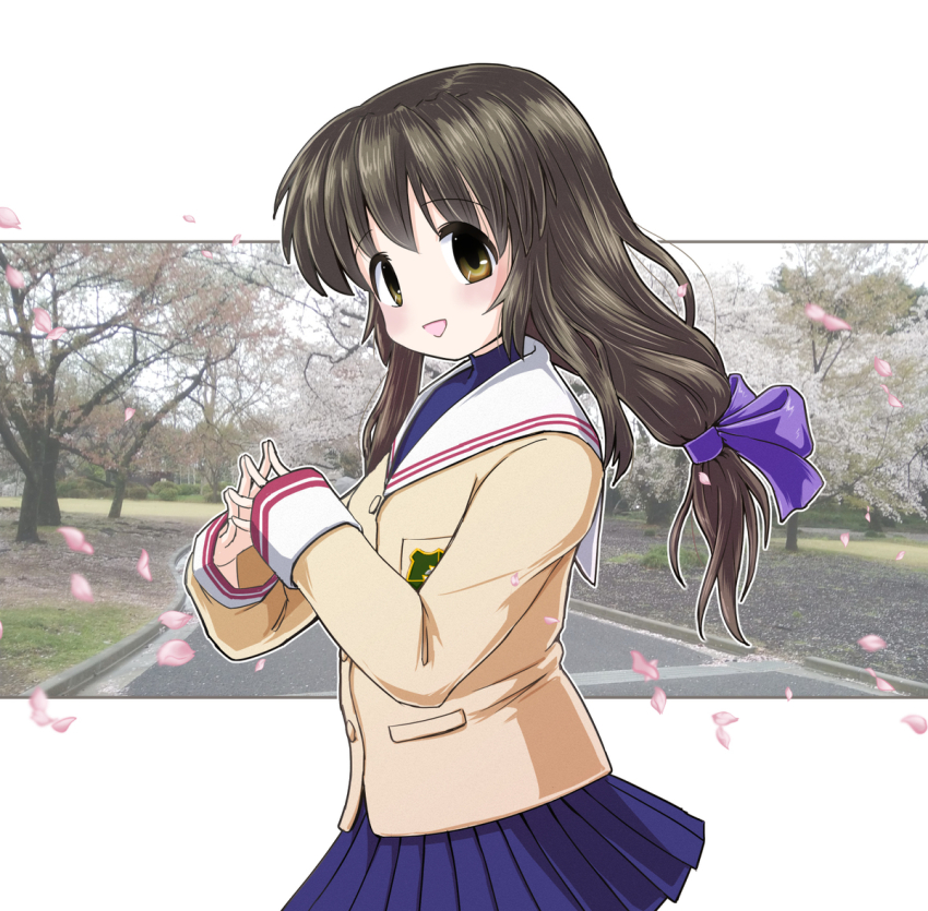1girl blush bow cherry_blossoms clannad feet_out_of_frame female_focus hair_bow hikarizaka_private_high_school_uniform ibuki_fuuko long_hair long_sleeves looking_at_viewer open_mouth outdoors petals real_life school_uniform skirt solo spring_(season) standing ten_agune yellow_eyes