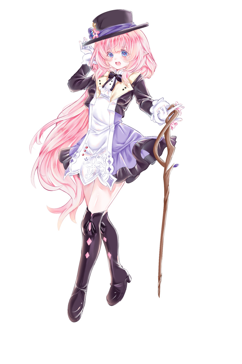 1girl ayu9914570 black_boots blue_eyes boots cane chinese_commentary commentary_request cropped_jacket dress elf elysia_(honkai_impact) gloves hat highres holding holding_cane honkai_(series) honkai_impact_3rd long_hair official_alternate_costume pink_hair pointy_ears purple_dress simple_background solo thigh_boots thighs top_hat white_background white_gloves