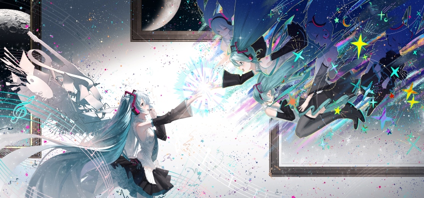 5girls absurdres aqua_eyes aqua_hair black_boots black_skirt boots chinese_commentary commentary crescent_moon detached_sleeves diffraction_spikes fine_art_parody from_side fuka_(pixiv_84081952) hair_ornament hatsune_miku hatsune_miku_(nt) hatsune_miku_(vocaloid4) hatsune_miku_(vocaloid4)_(chinese) hatsune_miku_happy_16th_birthday_-dear_creators- headphones highres long_hair moon multiple_girls multiple_persona musical_note musical_staff outstretched_arm paint_splatter parody piapro_studio picture_frame shirt skirt sleeveless sleeveless_shirt star_(sky) the_creation_of_adam thigh_boots thighhighs treble_clef twintails v4x very_long_hair vocaloid zettai_ryouiki