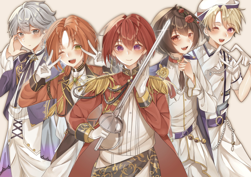 5boys blonde_hair brown_eyes brown_hair closed_mouth ensemble_stars! fang fight_for_judge_(ensemble_stars!) flower green_eyes grey_hair head_wreath highres holding holding_sword holding_weapon knights_(ensemble_stars!) looking_at_viewer low_ponytail male_focus multiple_boys narukami_arashi official_alternate_costume one_eye_closed open_mouth orange_hair ponytail promise_swords_(ensemble_stars!) purple_eyes red_eyes red_flower red_hair red_rose rimua_(shiroru) rose sakuma_ritsu sena_izumi_(ensemble_stars!) silent_oath_(ensemble_stars!) smile suou_tsukasa sword tsukinaga_leo voice_of_sword_(ensemble_stars!) weapon