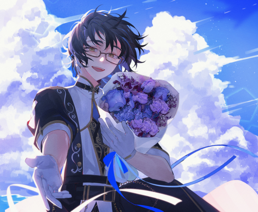 1boy :d anight aoba_tsumugi backlighting beckoning belt belt_chain black_belt black_coat black_hair black_vest blue_flower blue_ribbon blue_rose blue_shirt bouquet brown-framed_eyewear chain cloud coat commentary_request day earrings ensemble_stars! flower glasses gloves gold_trim green_eyes hair_between_eyes highres holding holding_bouquet idol_clothes jacket lens_flare looking_at_viewer male_focus mandarin_collar official_alternate_costume open_mouth partial_commentary patterned_clothing purple_flower purple_rose ribbon rose shirt short_hair three-quarter_sleeves smile solo teeth upper_body upper_teeth_only vest white_gloves white_jacket wind wing_earrings