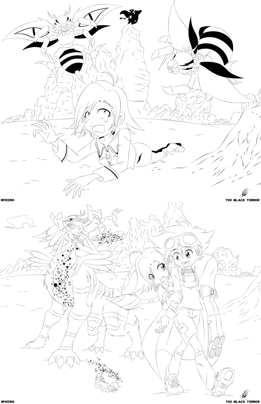 absurdres angry cape cloud digimon digimon_adventure_v-tamer_01 flymon garurumon goggles goggles_on_head highres monochrome saiba_rei shadow sky smile yagami_taichi_(digimon_adventure_v-tamer_01)