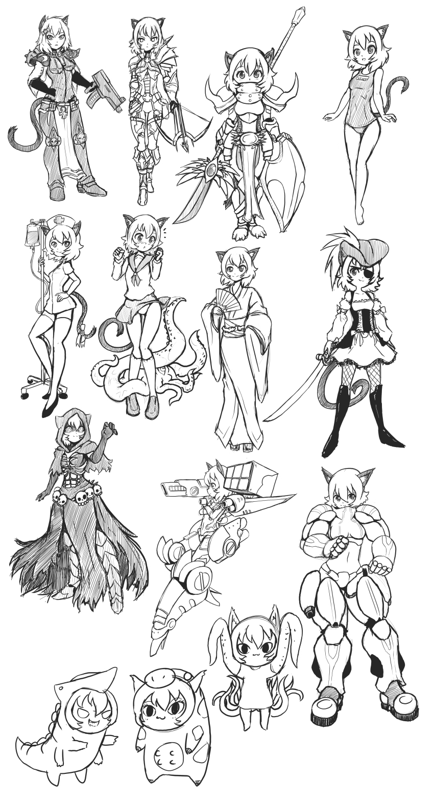absurdres animal_costume animal_ears cat_ears cat_girl cat_tail cow_costume dinosaur_costume dragonmanx fangs highres japanese_clothes kimono mecha nathy necromancer nurse pirate_costume robot school_uniform science_fiction short_hair sketch socks swimsuit tail tentacles warhammer weapon