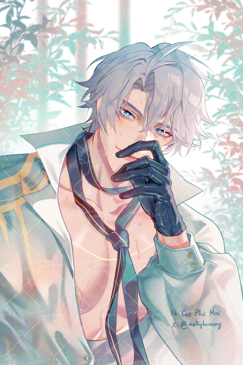 1boy absurdres antenna_hair black_gloves black_necktie blue_eyes collared_shirt facebook_username gloves hashtag-only_commentary head_rest highres honkai:_star_rail honkai_(series) large_pectorals male_focus mollyhoanmy necktie parted_bangs partially_unbuttoned pectoral_cleavage pectorals phainon_(anan)_(honkai:_star_rail) phainon_(honkai:_star_rail) shirt short_hair solo twitter_username watermark watermark_grid white_hair white_shirt
