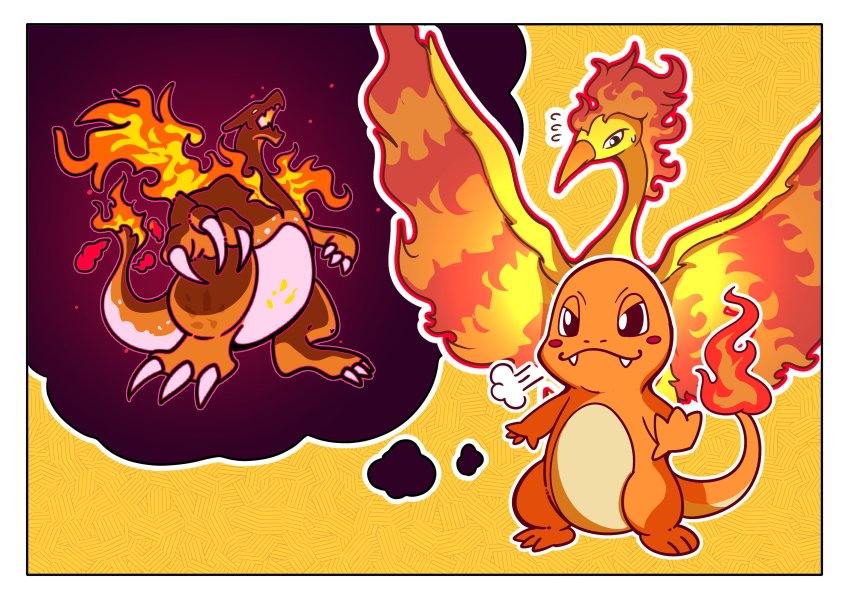 absurdres beak border charizard charmander flying_sweatdrops fukidashi_cotton gen_1_pokemon gigantamax gigantamax_charizard highres imagining legendary_pokemon moltres nintendo no_humans outline pokemon pokemon_(creature) puff_of_air smile speech_bubble sweatdrop tail thought_bubble v-shaped_eyebrows white_border