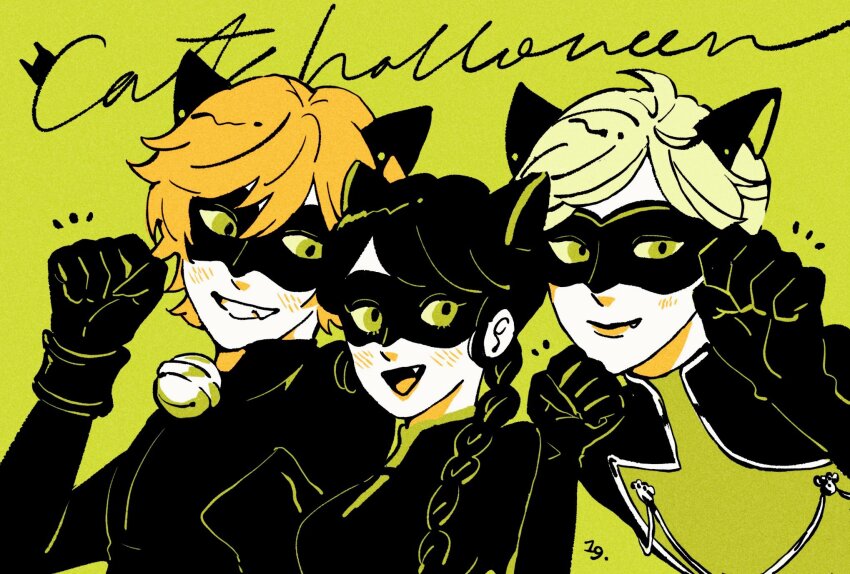 1girl 2boys adrien_agreste animal_ears bell black_bodysuit black_hair black_mask blonde_hair bodysuit braid cat_boy cat_ears cat_girl cat_walker chat_noir green_background green_eyes highres lady_noir light_blush long_hair looking_at_viewer marinette_dupain-cheng mask miraculous_ladybug multiple_boys oh_mylady19 open_mouth paw_pose single_braid slit_pupils smile superhero_costume upper_body white_hair
