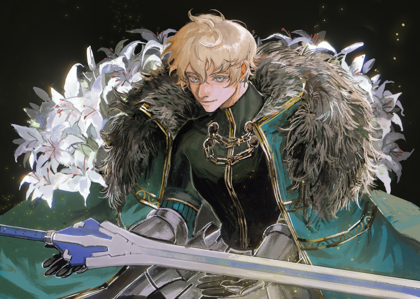 1boy absurdres armor black_background blonde_hair blue_cape blue_eyes cape collared_cape excalibur_galatine_(fate) fate/extra fate/grand_order fate_(series) faulds floral_background flower fur-trimmed_cape fur_trim gauntlets gawain_(fate) hair_between_eyes highres holding holding_sword holding_weapon knight looking_at_viewer male_focus palewind short_hair smile solo sword weapon white_flower