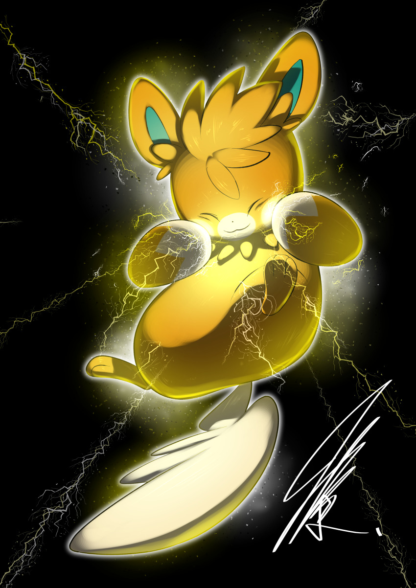 absurdres aura black_background closed_eyes closed_mouth electricity full_body game_freak glowing hands_on_own_cheeks hands_on_own_face highres light_particles mitsukuma448 nintendo no_humans pawmot pokemon pokemon_(creature) signature simple_background smile solo sparks yellow_fur