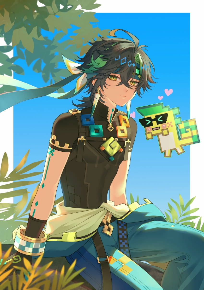 1boy 1other absurdres ajaw_(genshin_impact) aqua_pants arm_tattoo black_gloves black_hair black_shirt closed_mouth earrings erzplubdduik93g genshin_impact gloves green_eyes green_hair hair_between_eyes headband highres jewelry kinich_(genshin_impact) looking_at_viewer male_focus multicolored_hair neck_tattoo pants shirt short_hair short_sleeves sitting streaked_hair tattoo